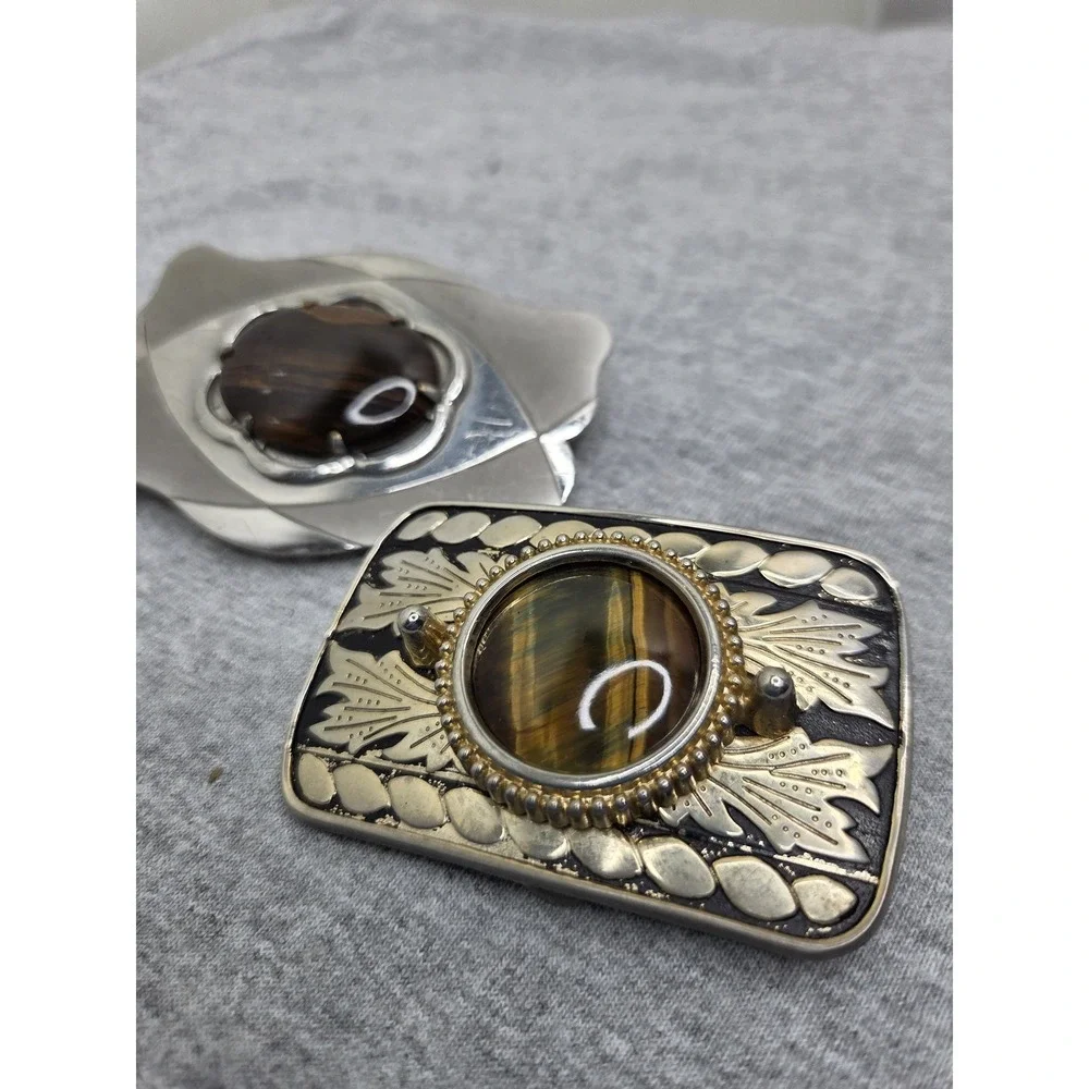 Lot 2 Vintage Womens Tiger Eye Brown Agate Stone Southwestern Belt Buckles